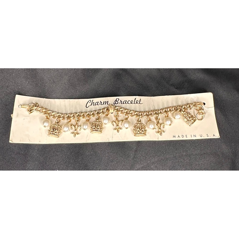 Vintage Charm Bracelet Gold Tone NWT Crown Fleur De Lis Faux Pearl